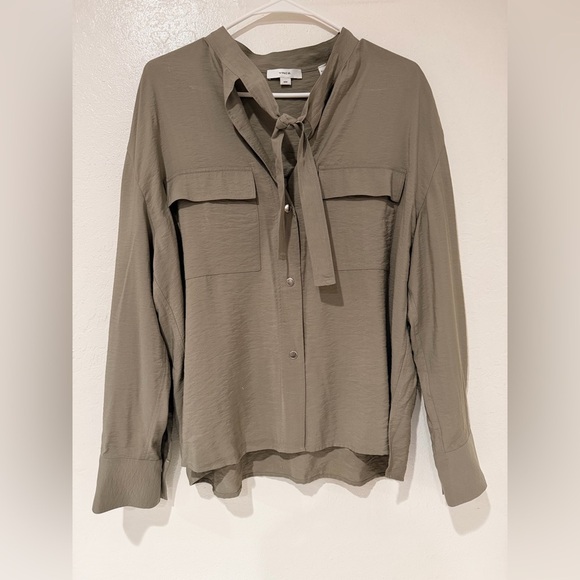 Vince Olive Green Women's Utility Long-Sleeve Tie-Neck Blouse size M - Picture 3 of 9